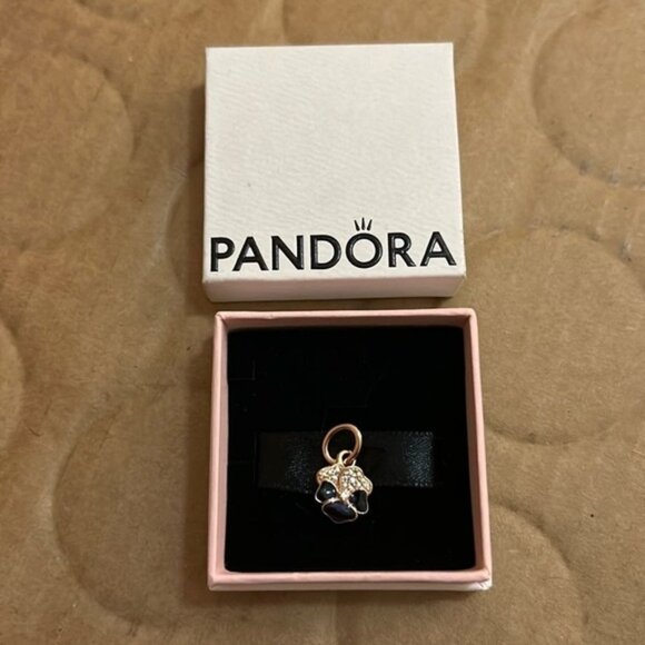 Authentic Pandora Rose Gold Pave Purple Pansy Flower Dangle Charm - Picture 1 of 5